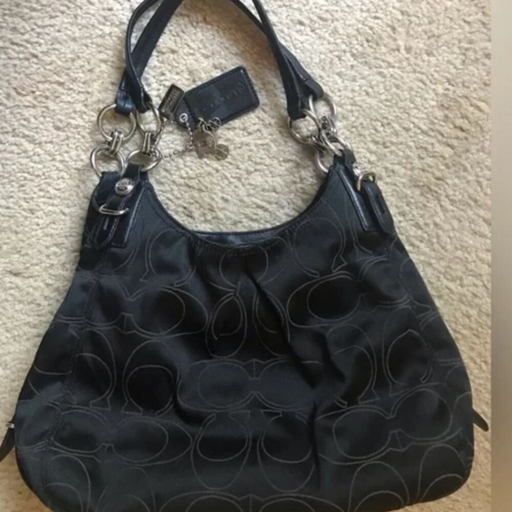 Coach Maggie Signature Black Canvas Leather Trim Shoulder Bag 16153